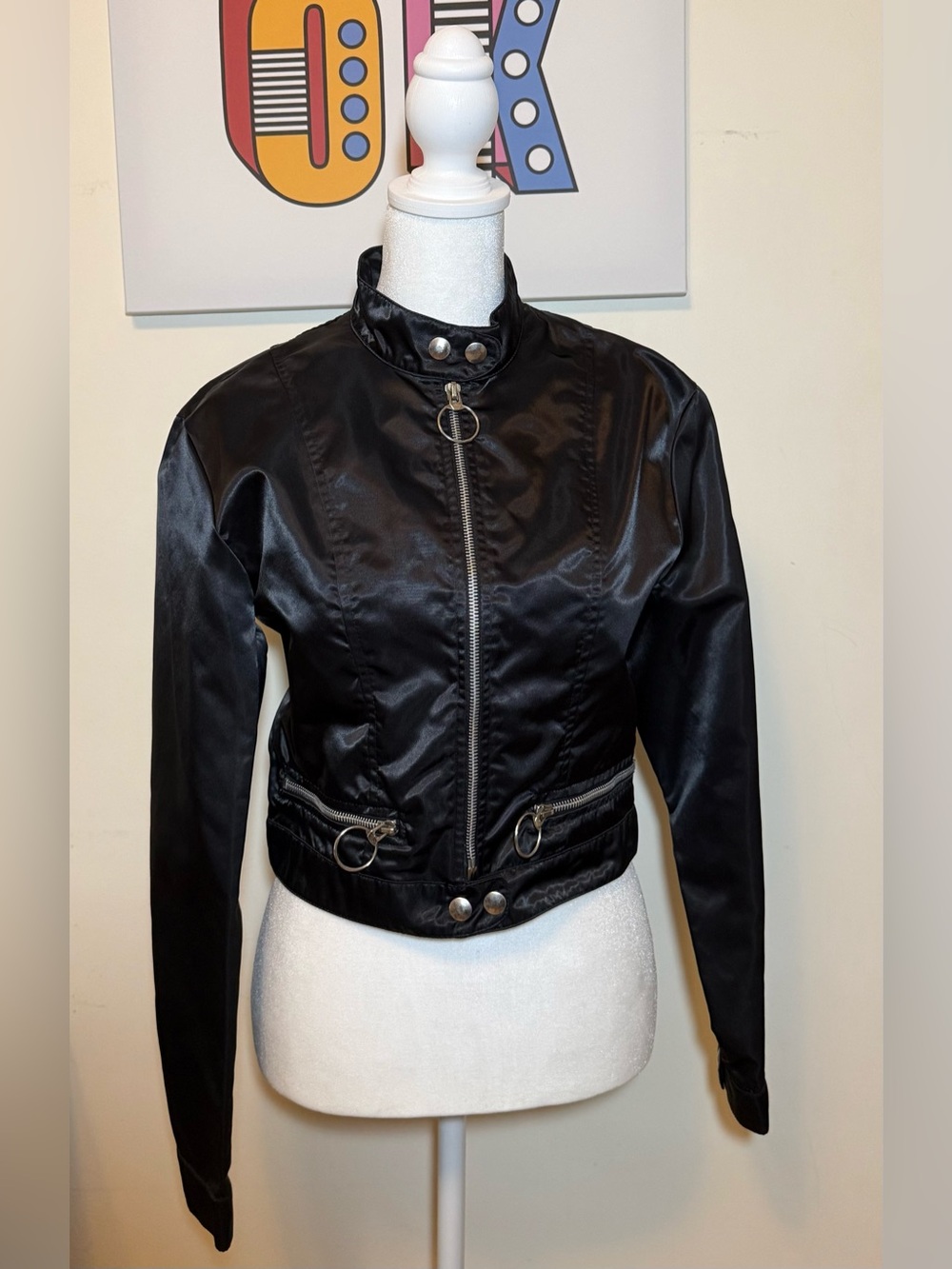 90s Vintage Tripp NYC Black Satin Cafe Racer Motorcycle Jacket